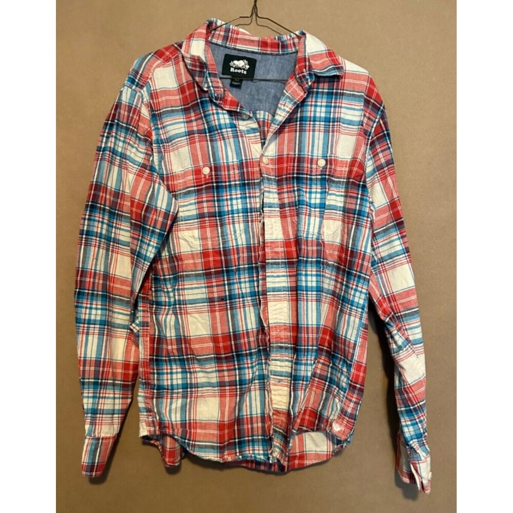 Roots Canada Mens Small Shirt Plaid Blue Red